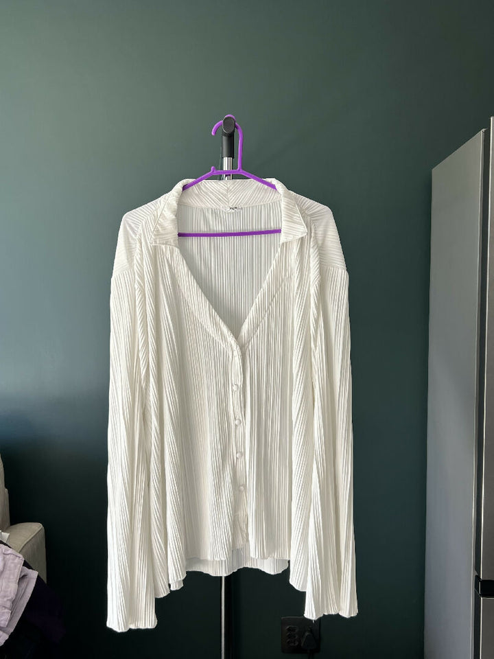 White Ribbed Button Up Long Sleeve