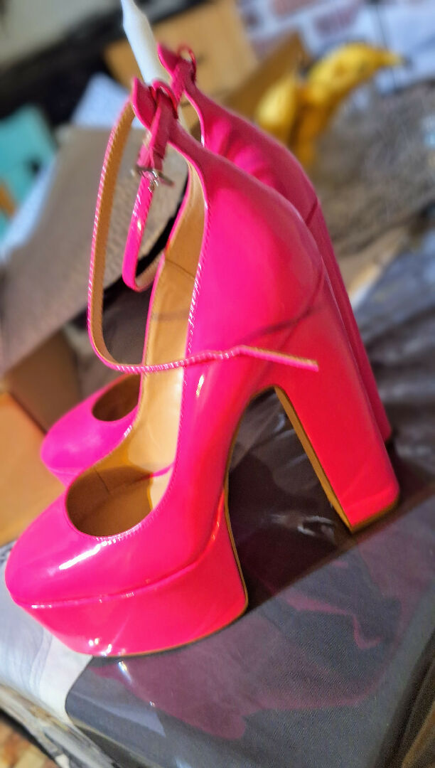 Patent Leather Bright Pink Chunky Heels Bright Pink High Heels Hot