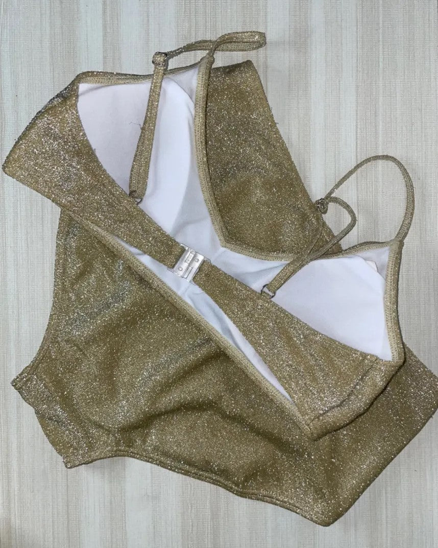 Image of Gold bikini, with mid-rise bottoms and padded bra