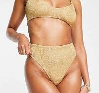 Image of Gold bikini, with mid-rise bottom and padded bra
