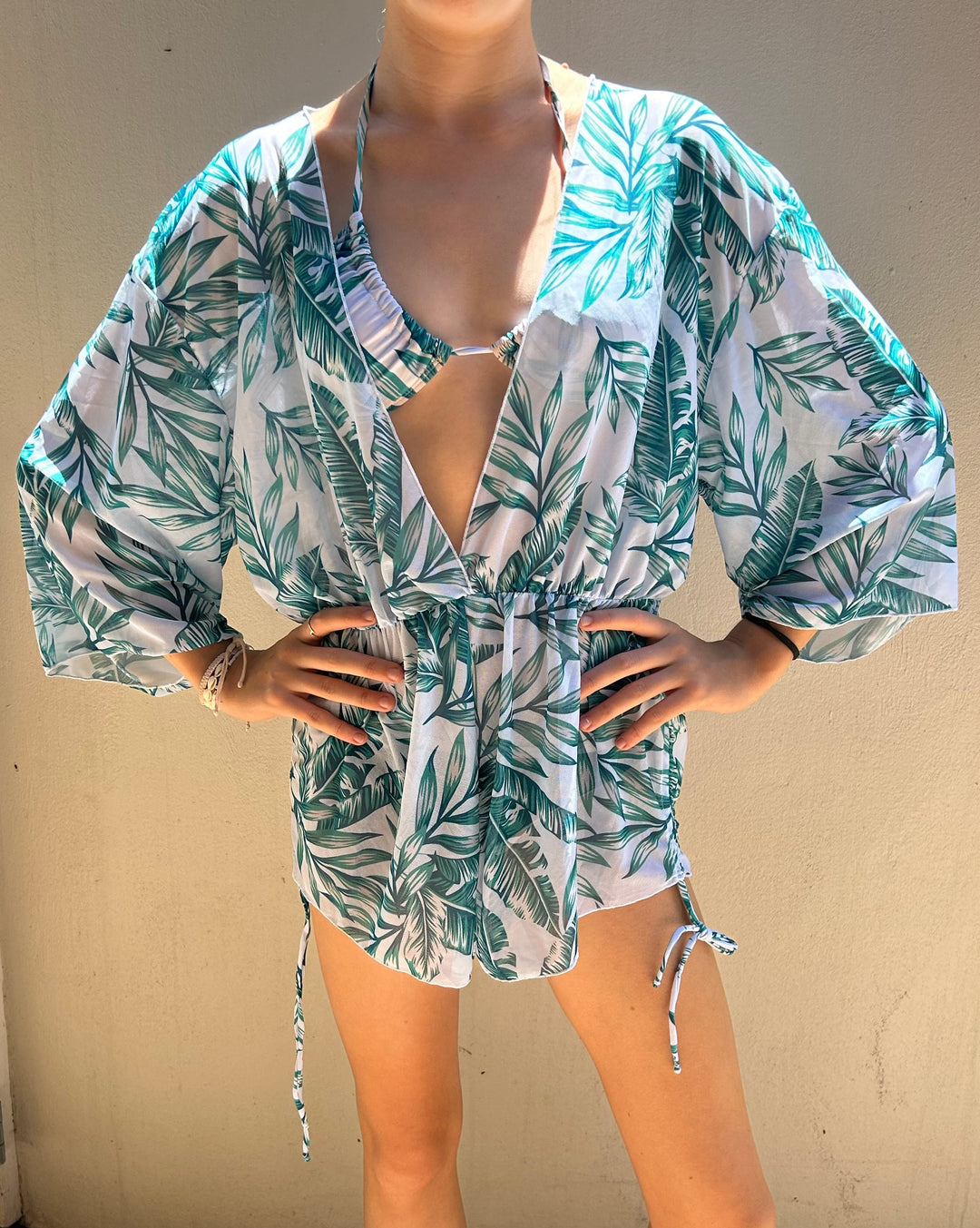 Image of Blue And White Tropical Print Beach Cover up