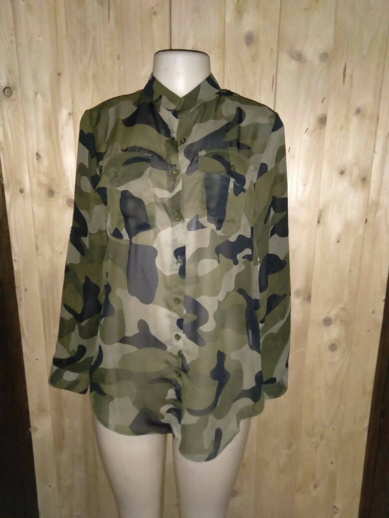 Image of New Feeling Long Sleeve High Low Camo Blouse
