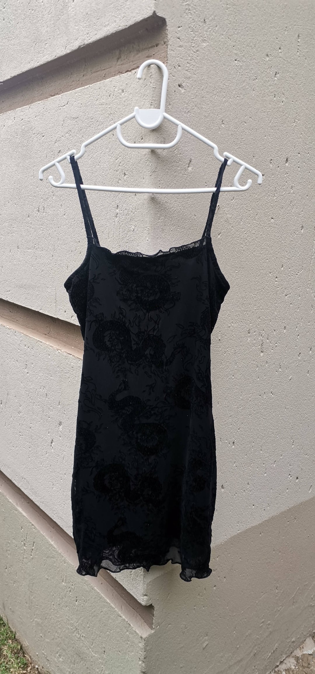Image of Black Mesh Overlay Dragon Print Dress