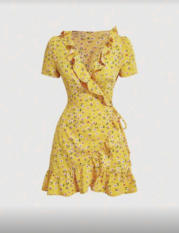 Floral Vacation Wrap Ruffle Hem Dress