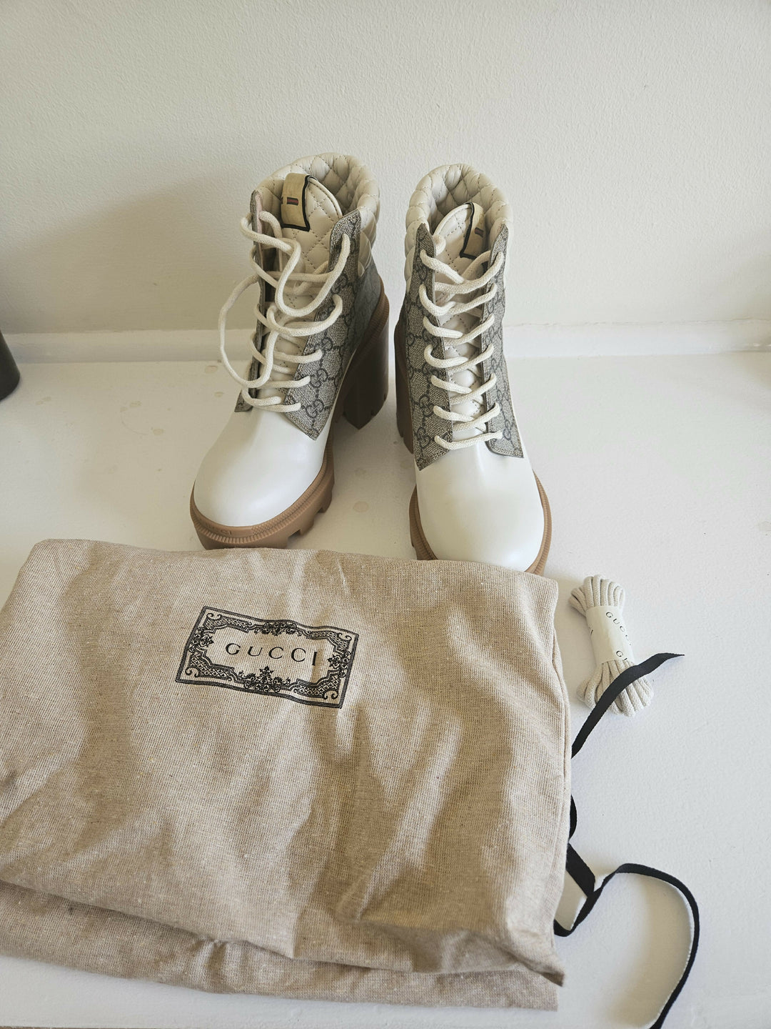 Gucci Leather GG Supreme Combat Boots Cream White