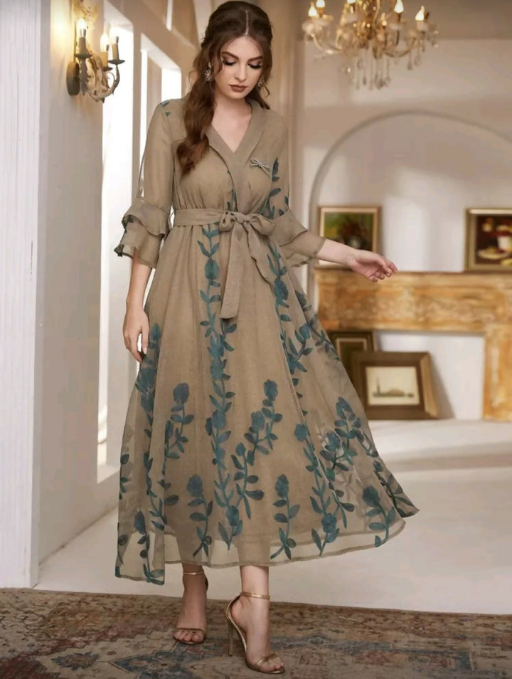 Arabic Style Mesh Belted Dress