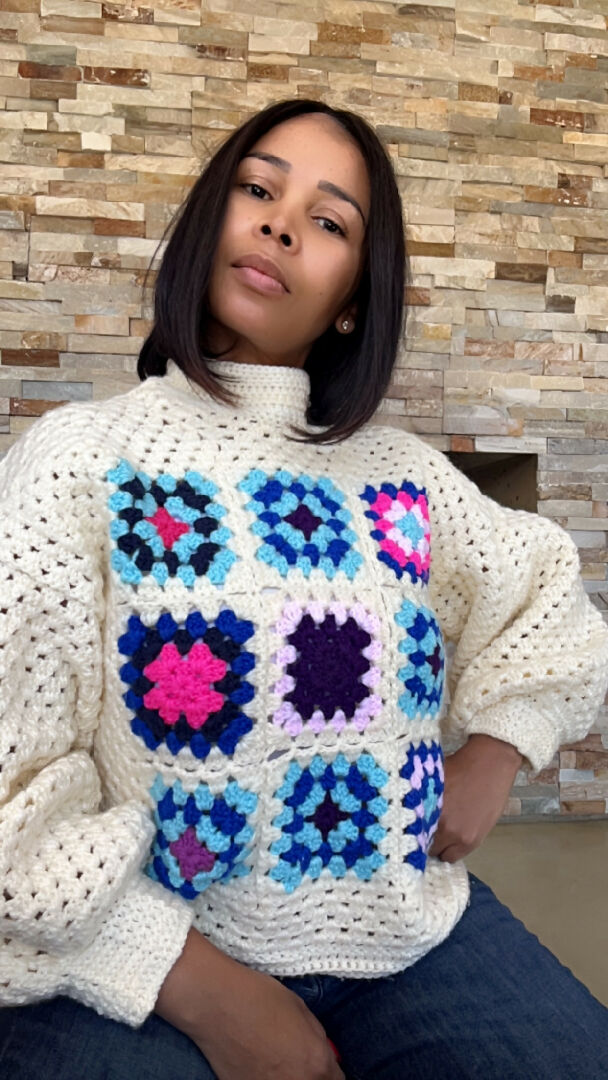 Puff Sleeve Granny Square Turtle Neck