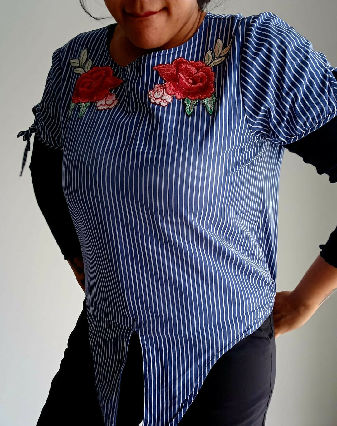 Embroidered Rose Cotton T-Shirt With Tie Detail