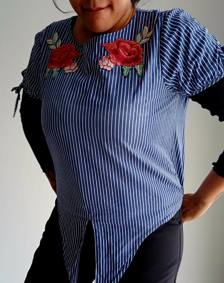 Embroidered Rose Cotton T-Shirt With Tie Detail