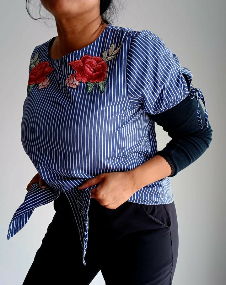 Embroidered Rose Cotton T-Shirt With Tie Detail