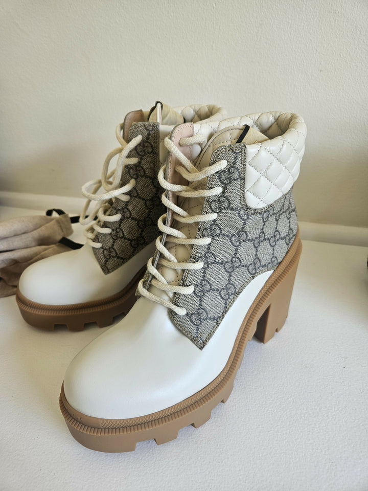 Gucci Leather GG Supreme Combat Boots Cream White