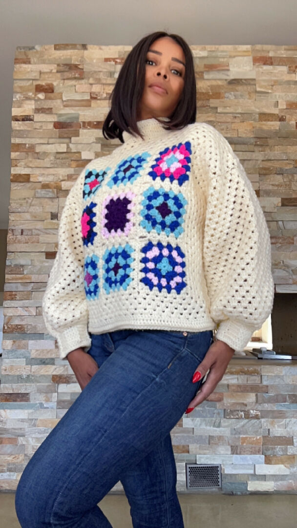 Puff Sleeve Granny Square Turtle Neck