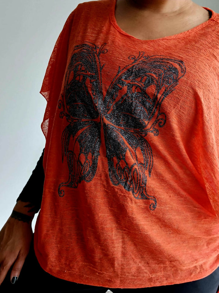 Orange Mesh Overgarment With Butterfly Pattern