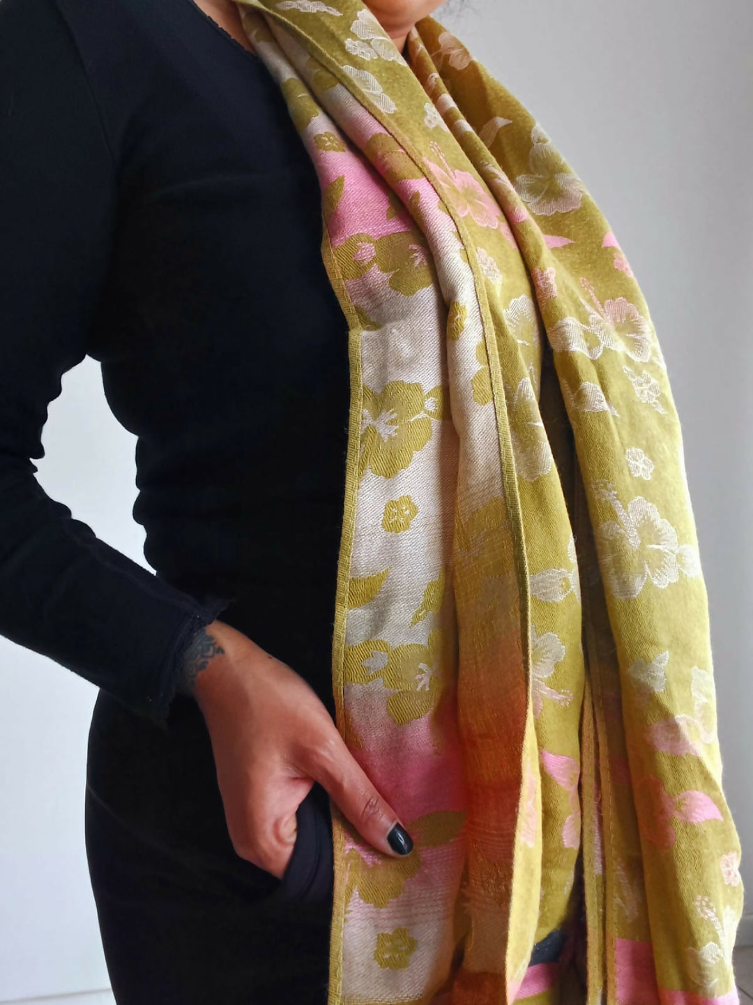 Two-Tone Green Floral Silky Scarf