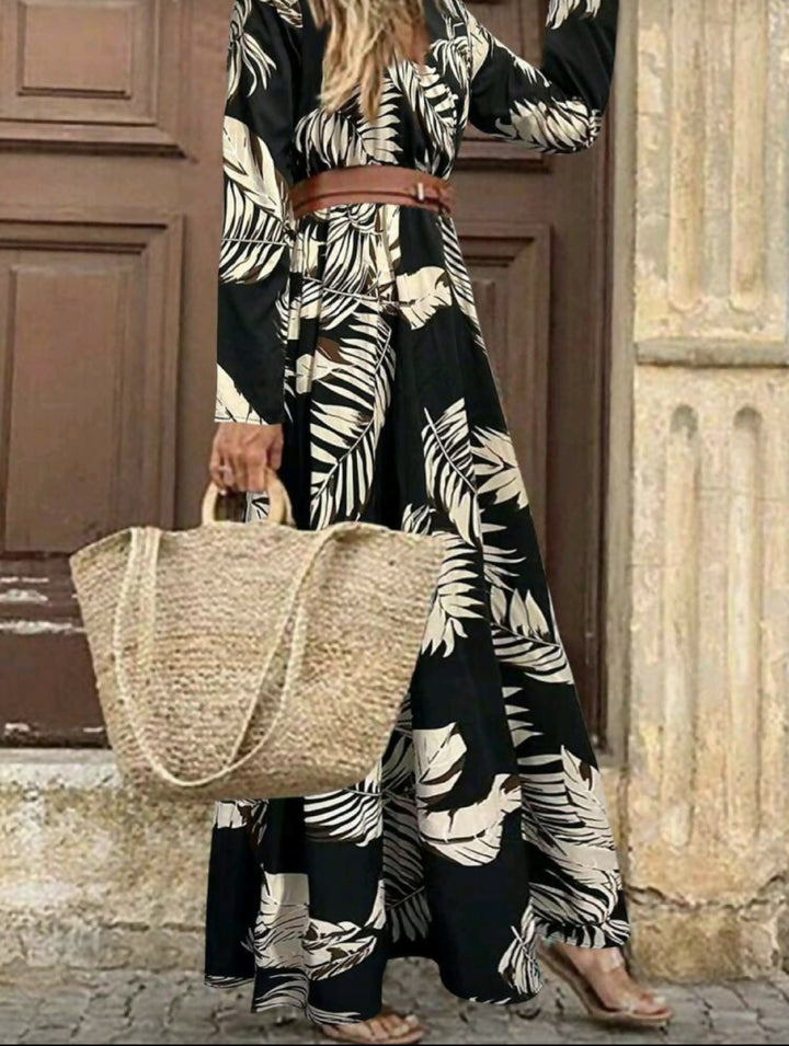 Printed V-Neck Long Sleeve Dress Maxi dress