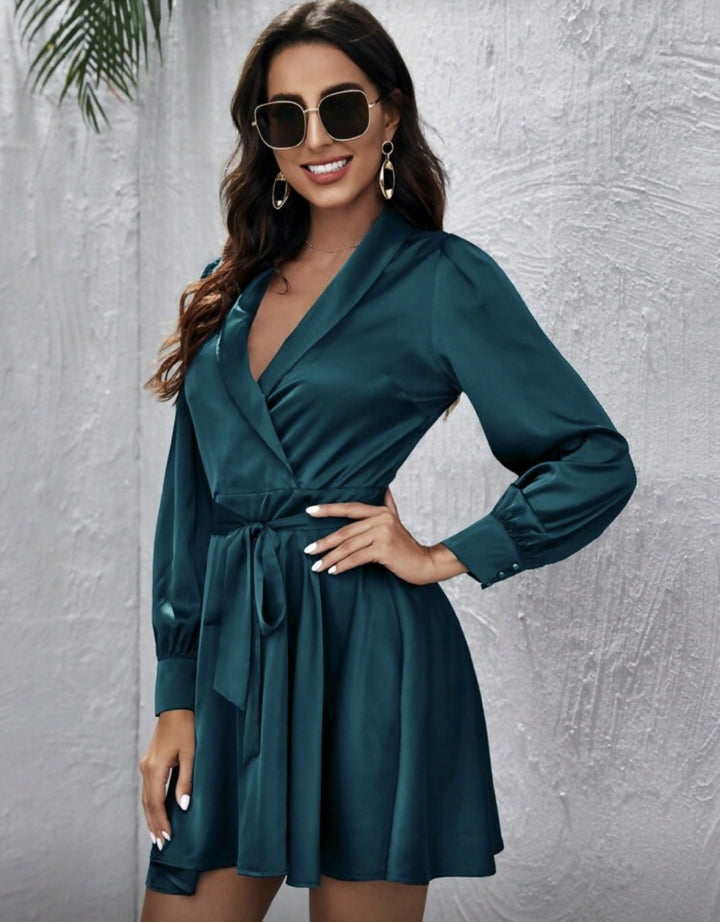 Collar Belted Satin Dress