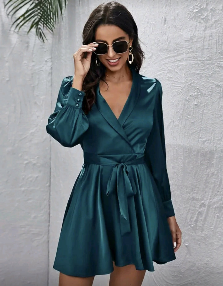 Collar Belted Satin Dress
