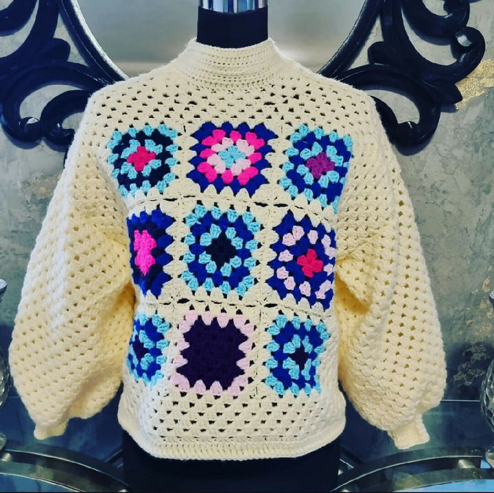 Puff Sleeve Granny Square Turtle Neck