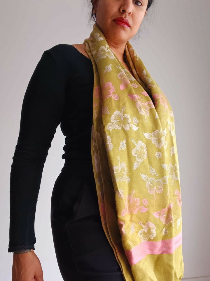Two-Tone Green Floral Silky Scarf