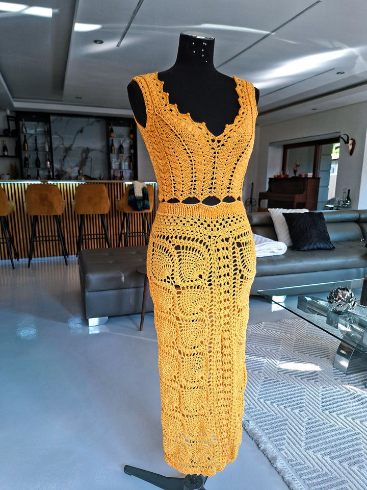 Yellow crochet pineapple stitch dress