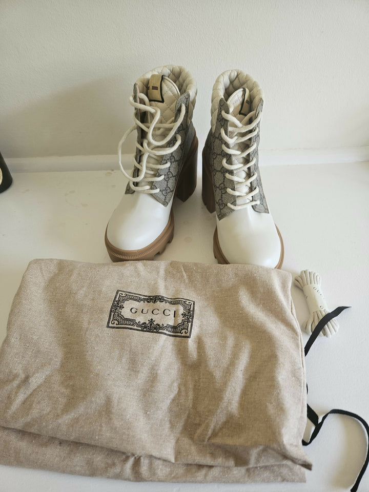 Gucci Leather GG Supreme Combat Boots Cream White