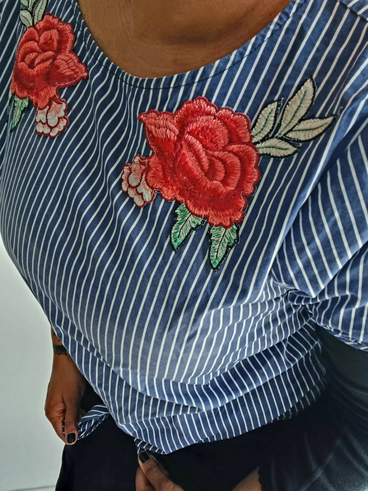 Embroidered Rose Cotton T-Shirt With Tie Detail