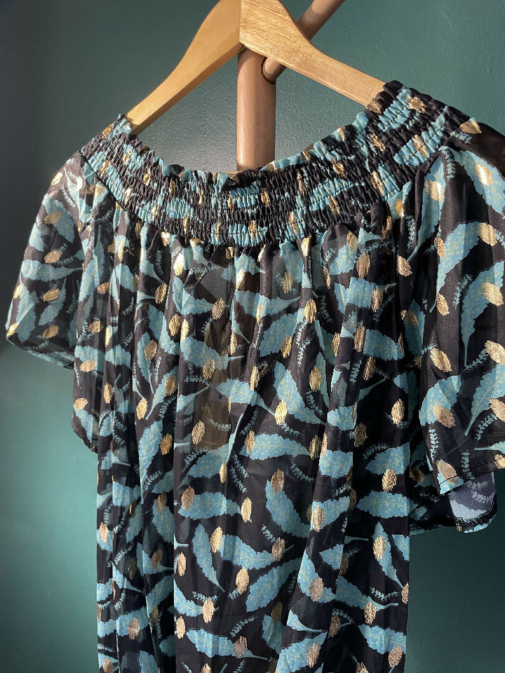 Sheer teal black & gold printed ladies blouse/short sleeved shirt