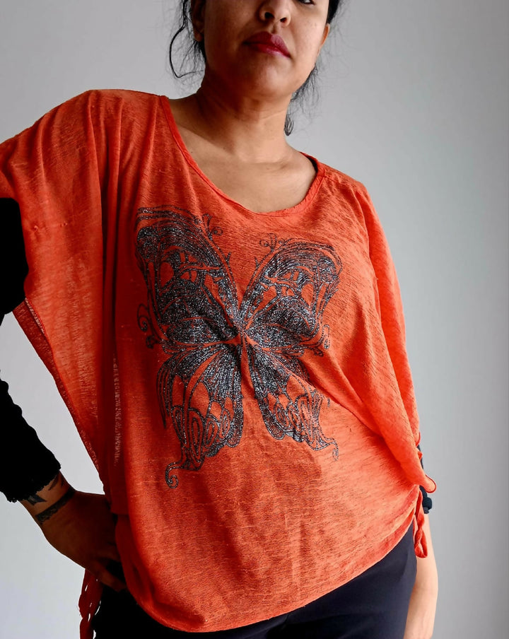 Orange Mesh Overgarment With Butterfly Pattern