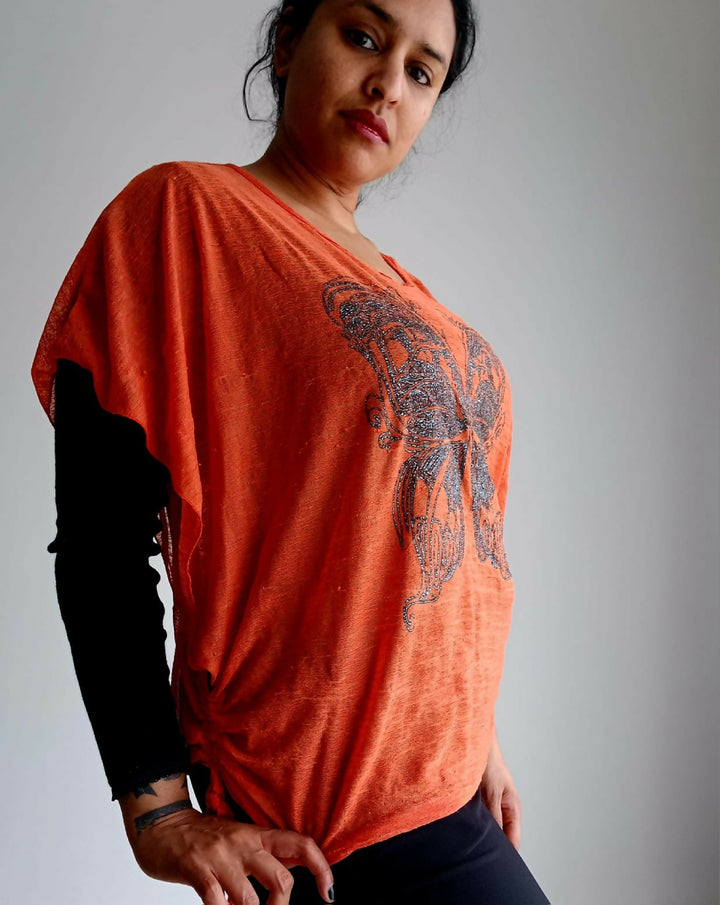 Orange Mesh Overgarment With Butterfly Pattern