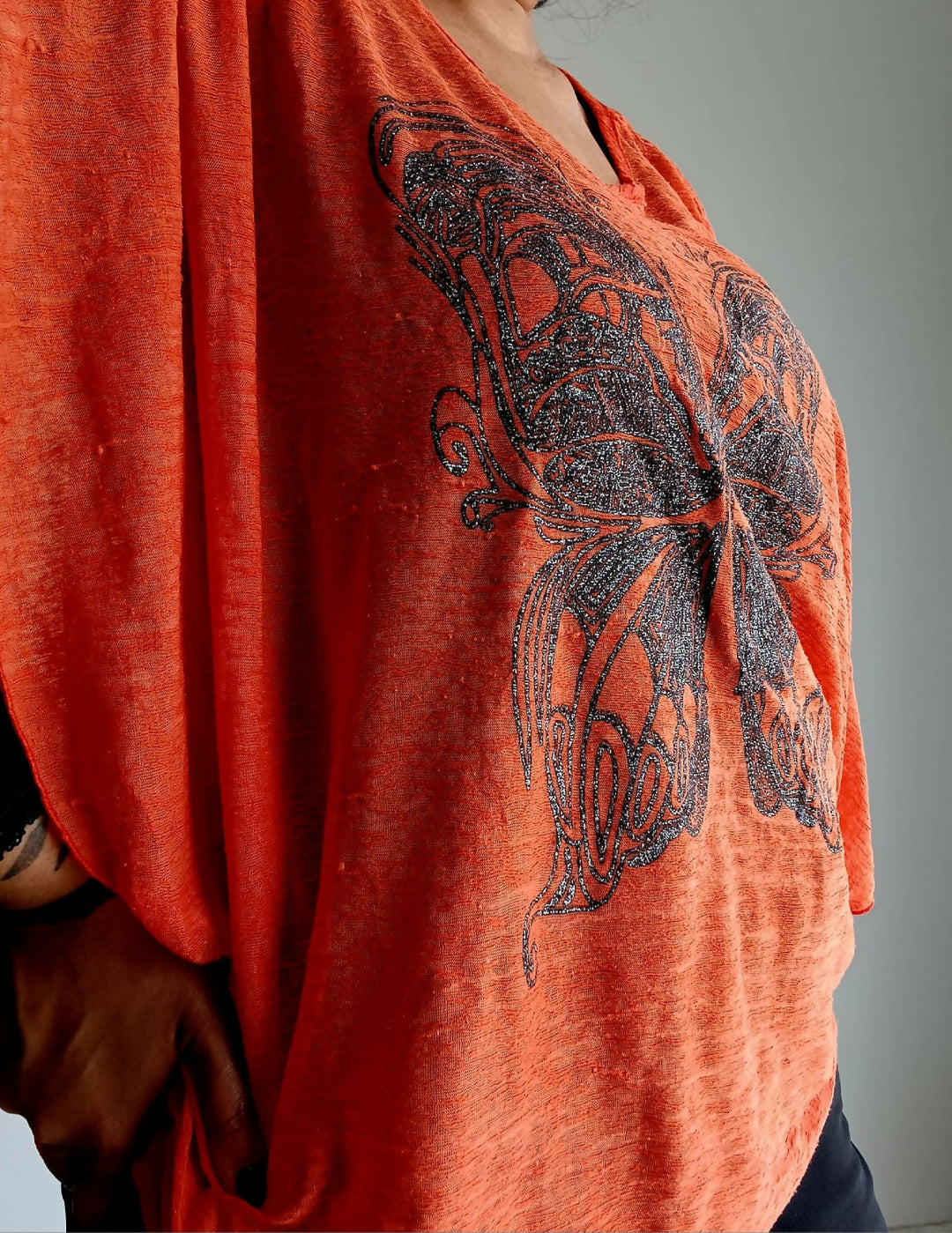 Orange Mesh Overgarment With Butterfly Pattern