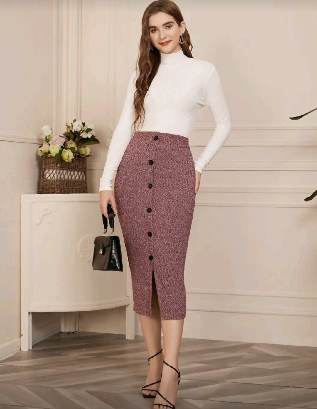 Button Fly Rib-knit Marled Skirt