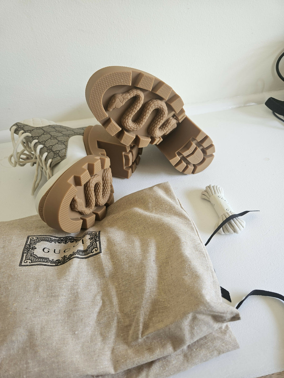 Gucci Leather GG Supreme Combat Boots Cream White