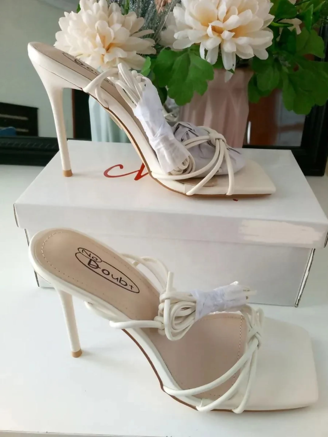 White Strappy Stiletto Sandals, With A Modern Square Toe And Wrap