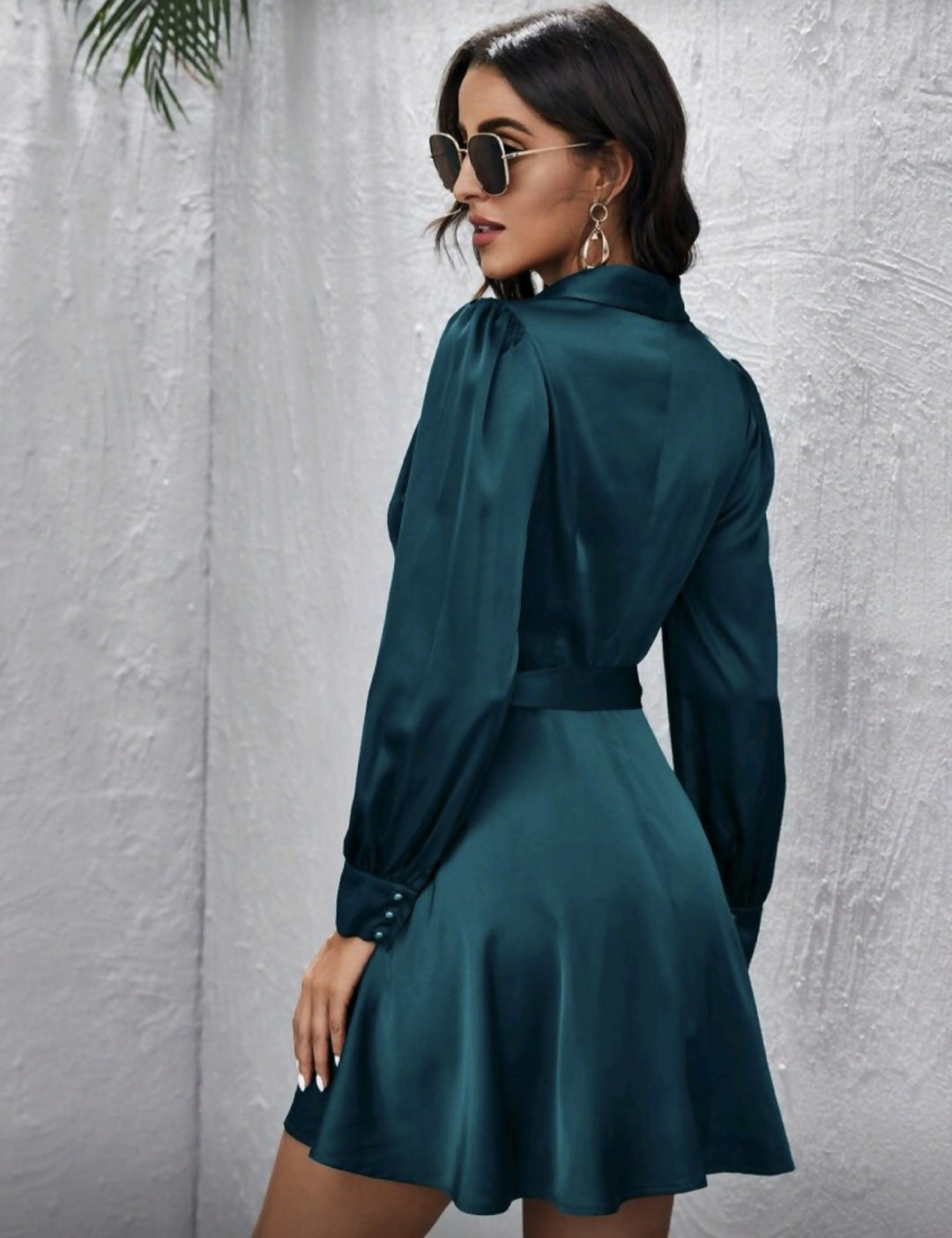 Collar Belted Satin Dress
