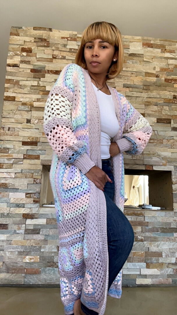 Beige Trim Granny Squares Long Cardigan