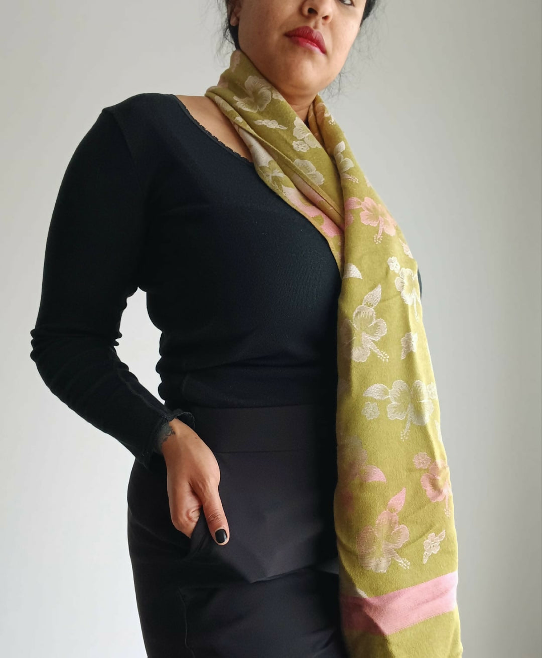 Two-Tone Green Floral Silky Scarf