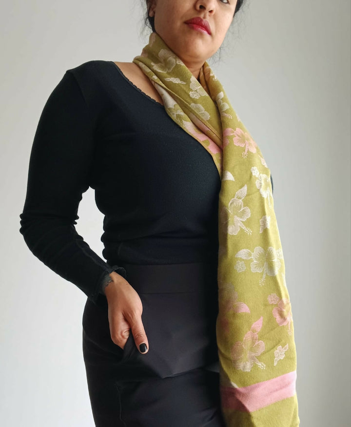 Two-Tone Green Floral Silky Scarf