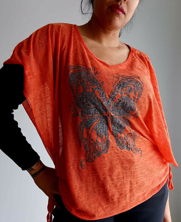 Orange Mesh Overgarment With Butterfly Pattern