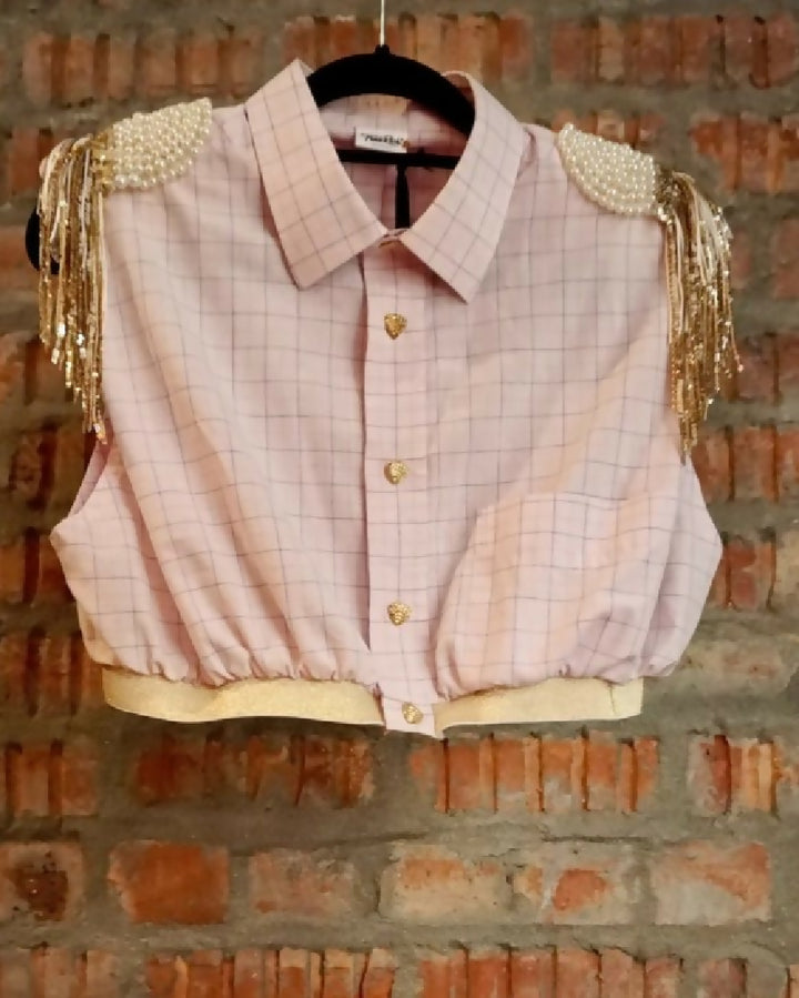 Upcycled Shoulder Tassel Crop Shirt Pink Gold