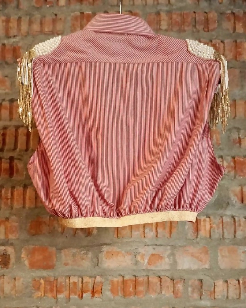 Upcycled Shoulder Tassel Crop Shirt Red Gold 2