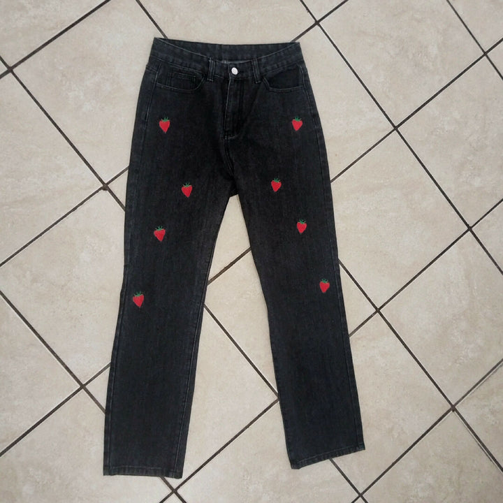 Strawberry embroidery jeans