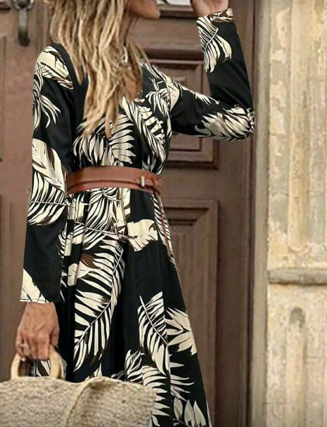 Printed V-Neck Long Sleeve Dress Maxi dress