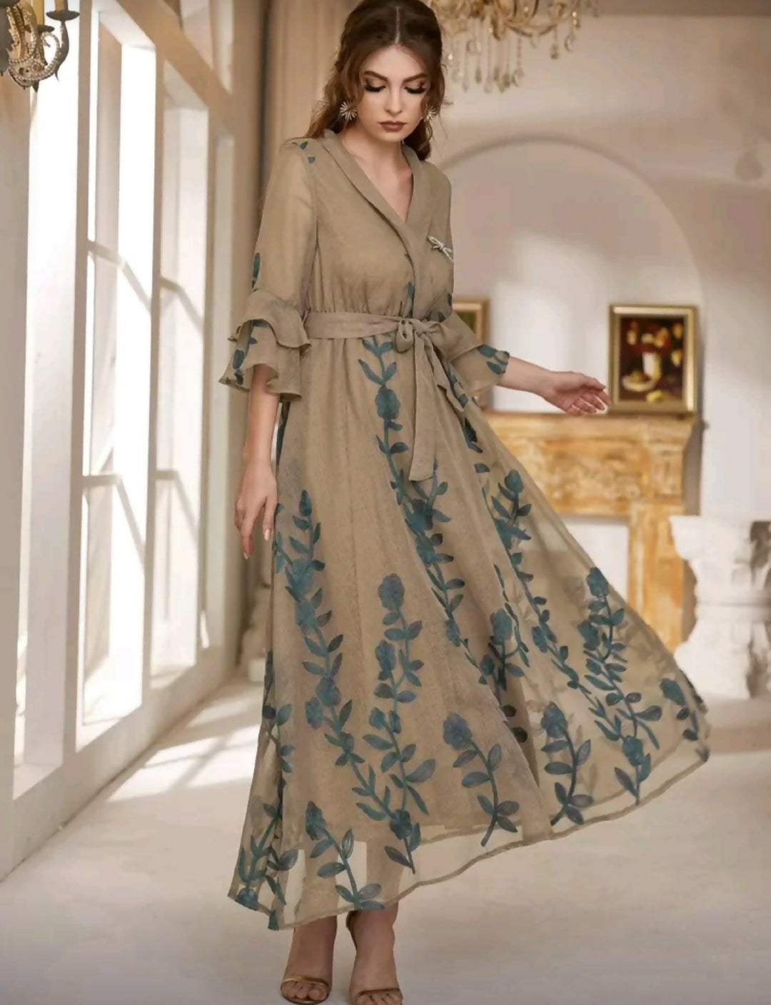 Arabic Style Mesh Belted Dress