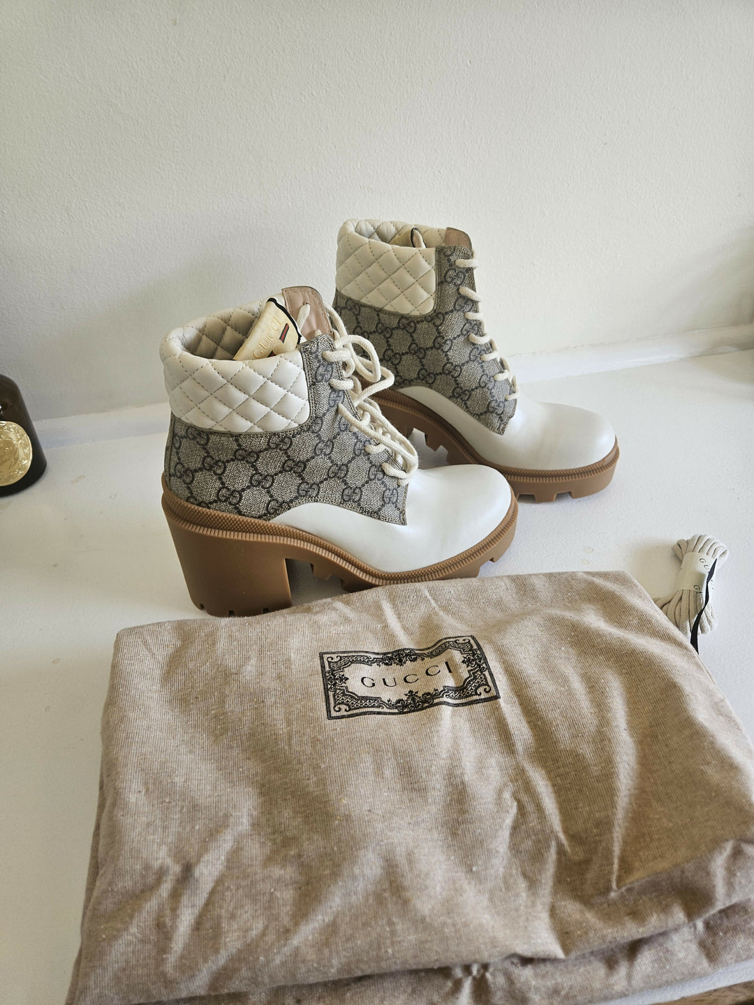 Gucci Leather GG Supreme Combat Boots Cream White