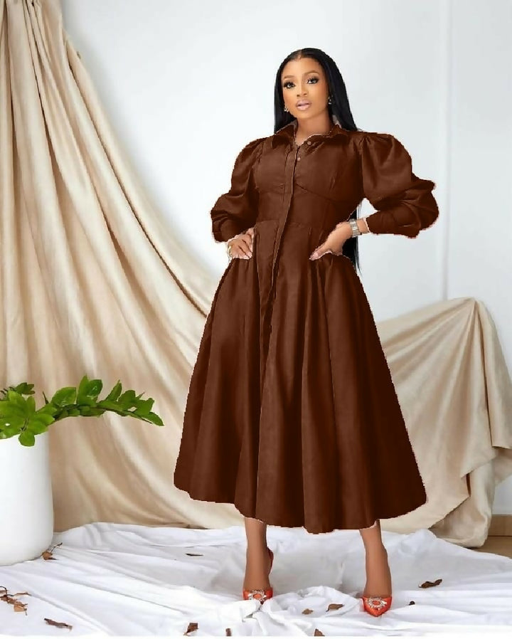 Vintage Turn-Down Collar Brown Dress