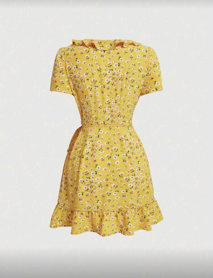 Floral Vacation Wrap Ruffle Hem Dress