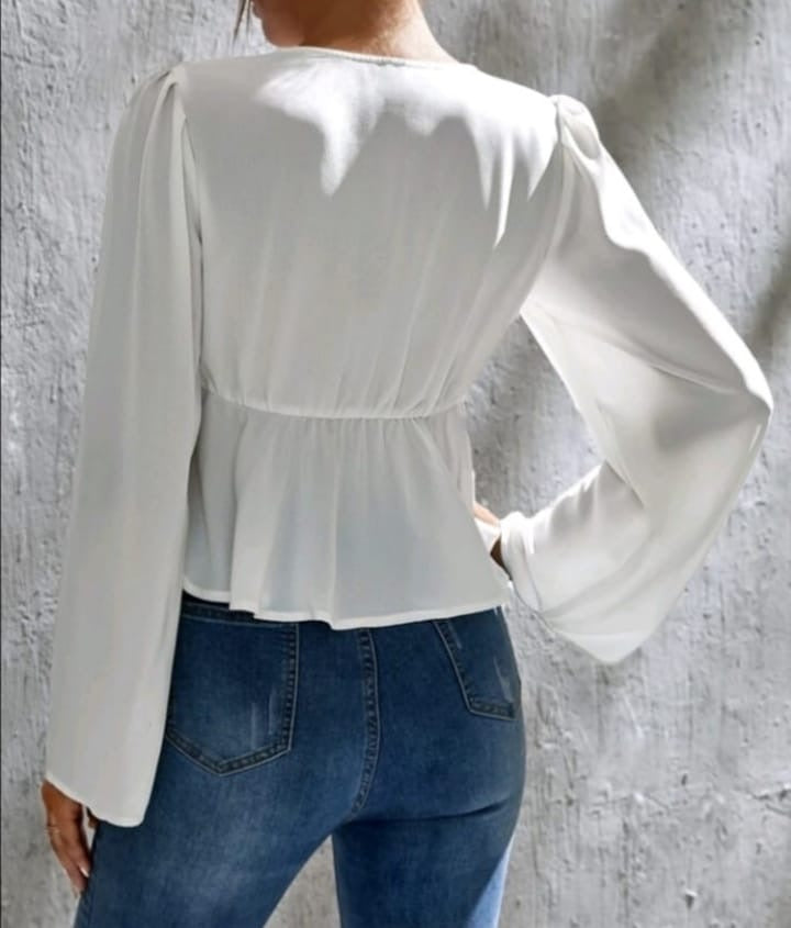 Image of SHEIN VCAY Bell Sleeve Tie Front Peplum Top