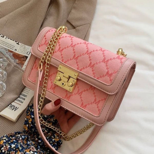 Image of Letter Embroidered Flap Chain Bag