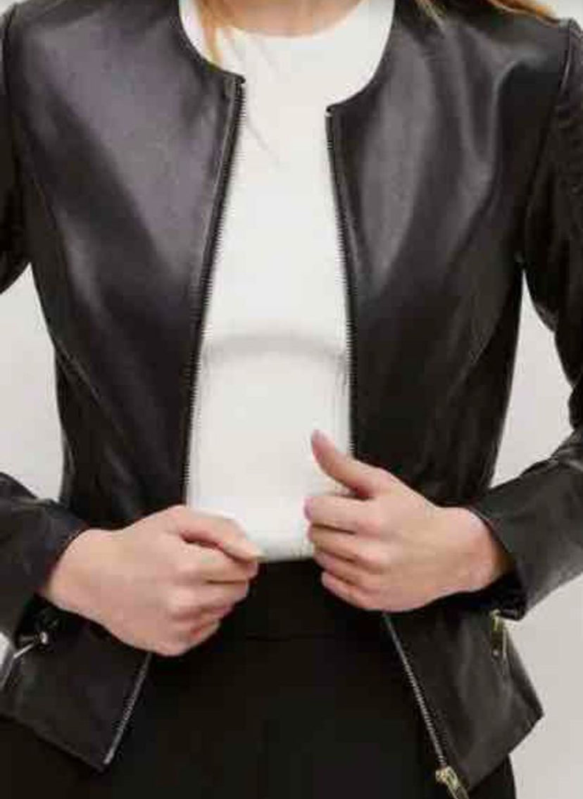 Image of Mango collarless leather jacket