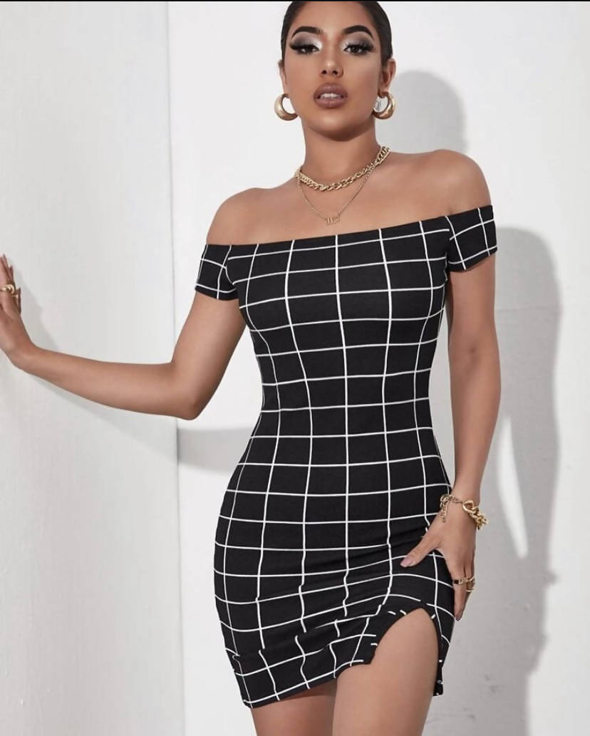 Slit Hem Grid Print Bodycon Dress WISI-Oi Slit Hem Grid Print Bodycon Dress WISI-Oi